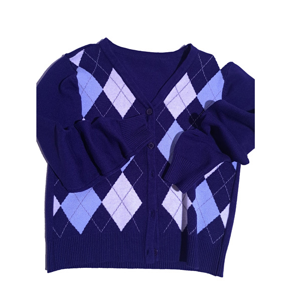 Shein Juniors Cardigan Size One Size Navy Blue Argyle Cropped Collegiate - Picture 1 of 8